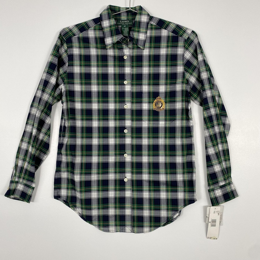 NWT LaurenRalph Lauren Shirt Womens 8P Multicolor Plaid Crest ButtonFront Cotton